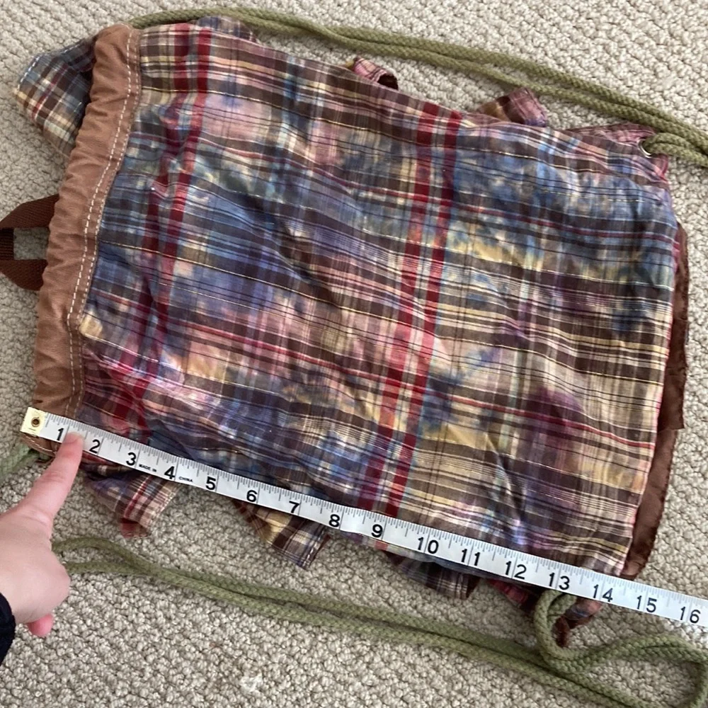 Ruffled Drawstring Bag Backpack Plaid Brown Frills Y2K Casual Lizzie McGuire
